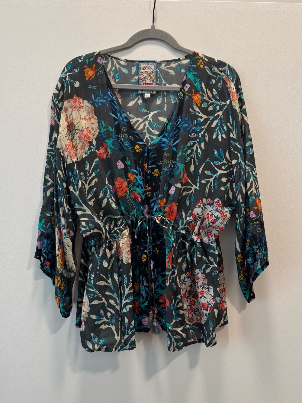 Johnny Was Multicolour Silk Floral Tie-Front Kimono Blouse